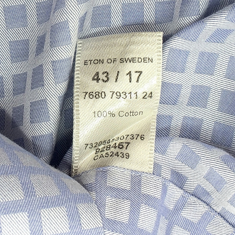 Quiet Luxury Eton Sweden Dress Shirt Mens 43 Light Blue Grid Cotton Europe - Picture 10 of 15